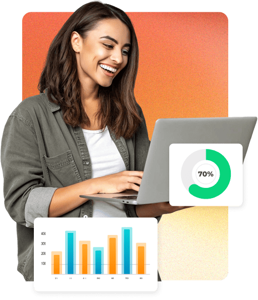 mujer sosteniendo laptop con graficos estadisticos y fondo naranja codigos ia y desarrollo de software